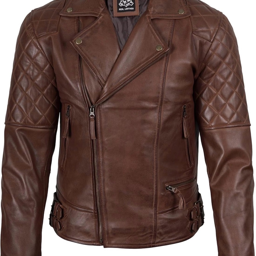 Men's Quilted Asymmetrical Cognac Leather Biker Fashion Jacket, XS - Picture 4 of 10